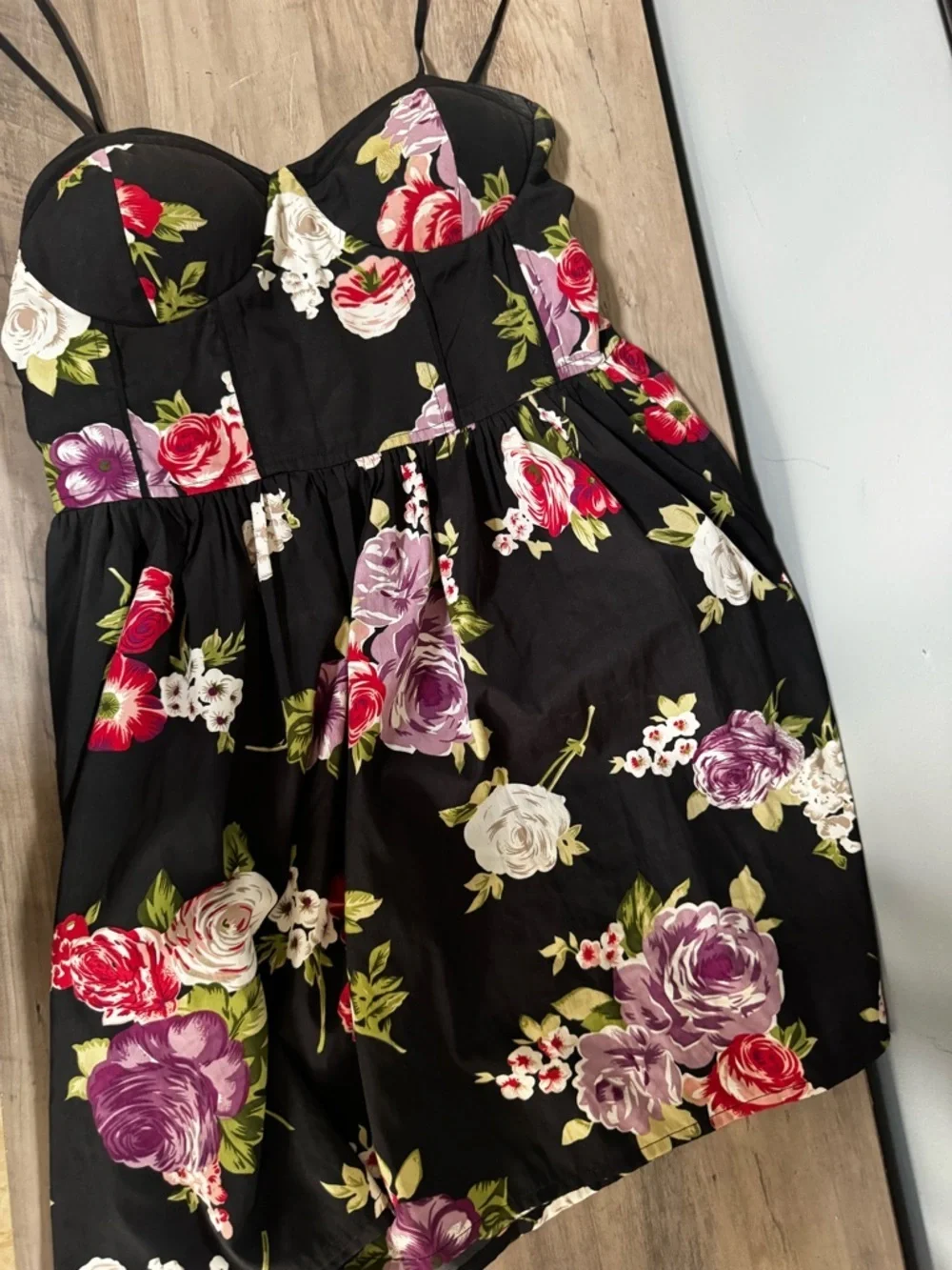 Band of Gypsies Black Mini Dress with Pink Rose Print